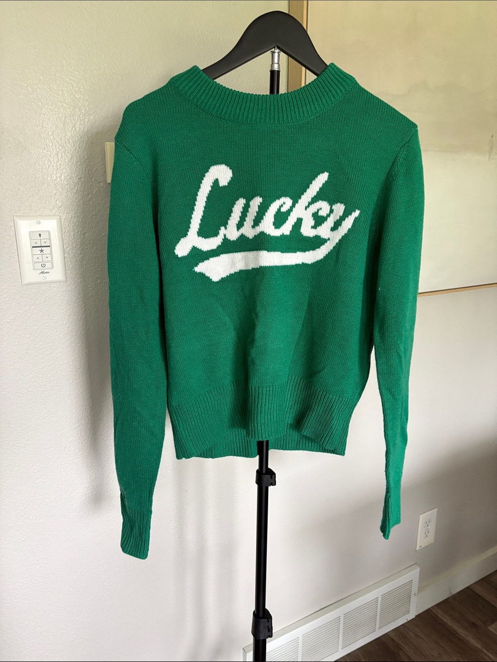 Grayson Threads Green Crewneck Sweater with White "Lucky" Script